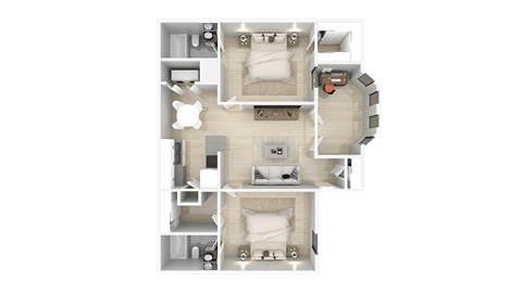a 3d floor plan of a bedroom with a bathroom and a living room